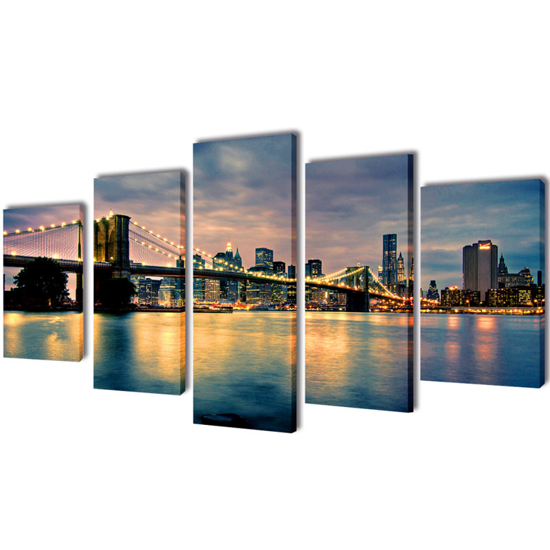 Brooklyn Bridge Sea View - 5 Piece No Frame Print on Canvas, 100cm H x 200cm W x 1.8cm D