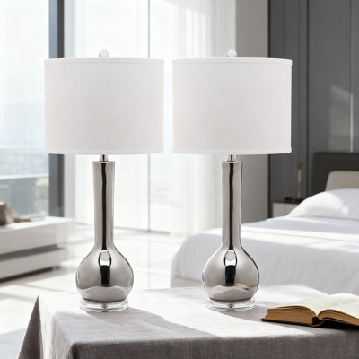 Modern Ceramic Table Lamp Set Of 2 With LED Bulbs, Long Neck Design For Bedroom, Living Room, Home Office Nightstand Lighting