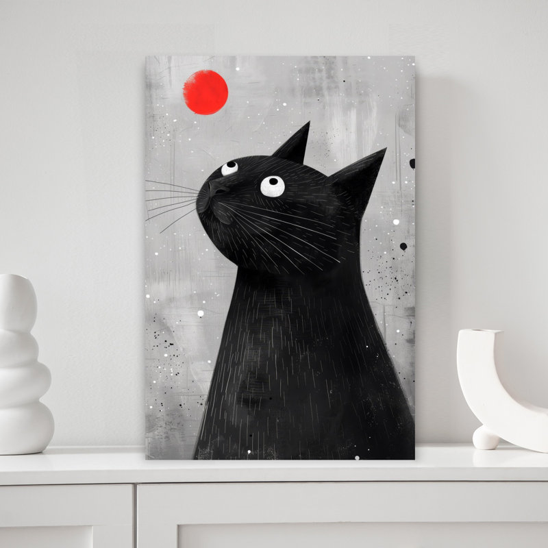 Chat noir, boule rouge, art mural moderne, 18" H x 12" W