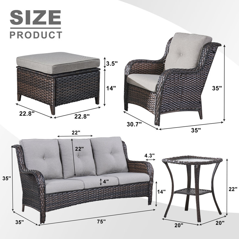 Bonia Wicker 5 - Person Patio Conversation Set with Cushions, Brown, Gray