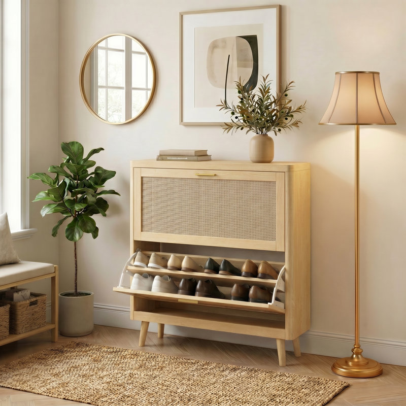 16 Pairs Shoe Storage Cabinet With 2 Flip Drawers, Entry Shoe Cabinet With Rattan-Look Flip Drawers, Beige