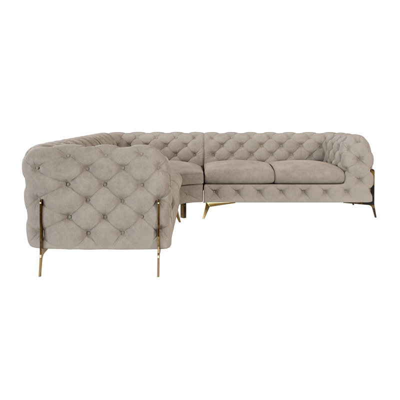 Chesterfield Corner Sofa L-Shape  with Gold Metal Legs, Dark Cream