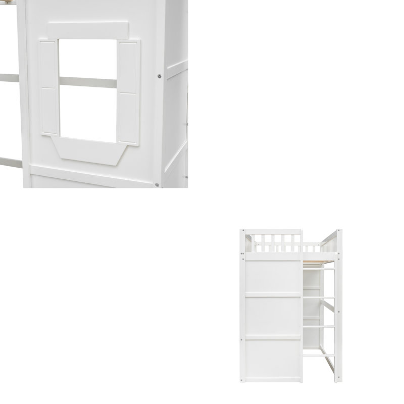 Lit mezzanine en bois 77,5 po avec échelle inclinée, structure de lit haute en bois de pin massif avec garde-corps et support à 13 lattes - blanc