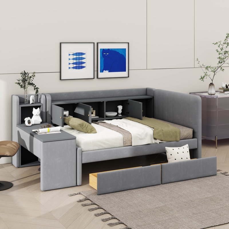 Lit de jour simple rembourré en tissu avec tiroirs, étagères, armoires rabattables et table d'appoint attenante, gris