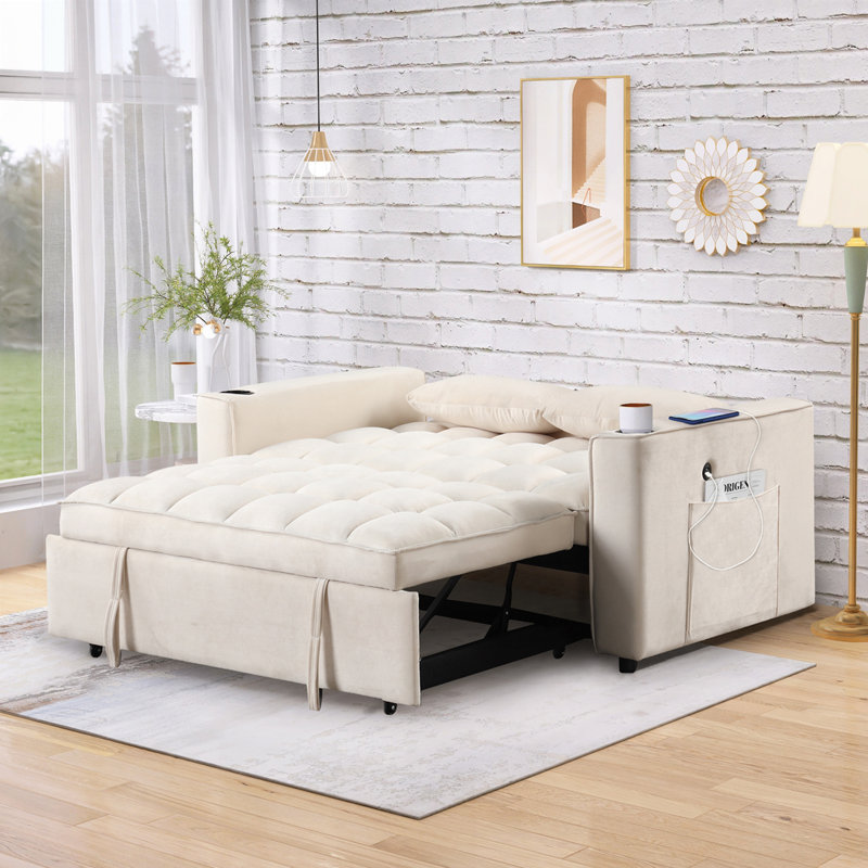 Larmon Modern Sleeper Sofa, Convertible Sofa, 3-In-1 Bed Pull Out Couch Pull Out Sofa, Beige Velvet