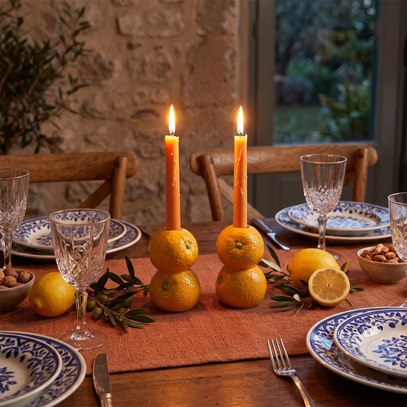 Ensemble de 2 porte-bougies en céramique de mandarine et de mandarine - Porte-bougie empilée réaliste pour table de salle à manger, buffet et décoration intérieure