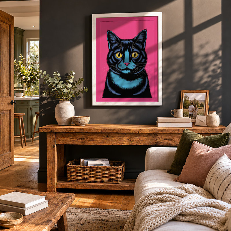 Alert Black Cat Modern - Framed Print, A3 - 42.0 x 29.7 cm, White