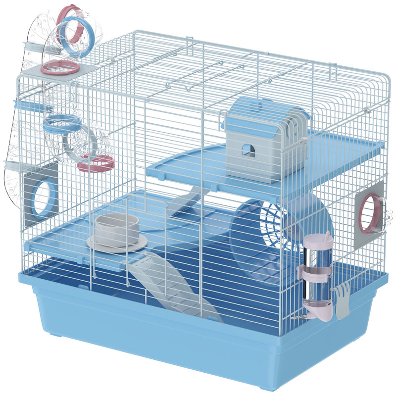 Cage à hamster, cage à 3 niveaux pour petits animaux avec roue d'exercice, bol à nourriture, bouteille d'eau, maison, tunnels, rampes