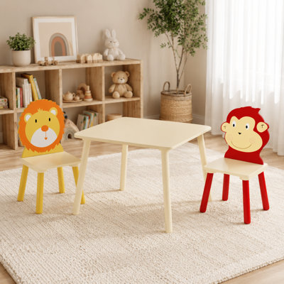 3-Piece Kids Table & 2 Chairs Set, Lion&Monkey Themed Wooden Toddler Activity Play Table, Easy Assembly