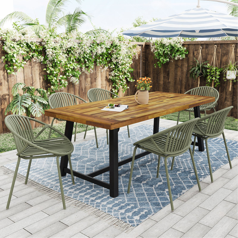 Ensemble de salle à manger d'extérieur moderne 7 pièces avec chaise empilable, Vert