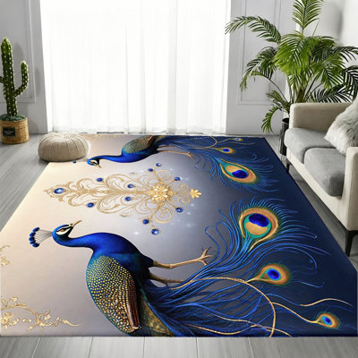 Tapis à motif floral plume de paon vintage bleu doré, élégant motif de panache d'oiseau chatoyant, tapis de sol antidérapant doux et durable lavable à la machine, décoration intérieure élégante pour le salon, la chambre à coucher, l'entrée, la porte d'entrée, la cuisine, le balcon et l'appartement