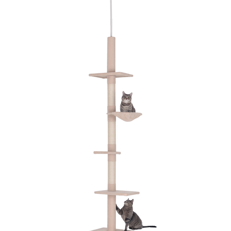 Centre d'activité pour chat de plancher à plafond avec 5 plateformes, 3 zones de grattage de corde et dispositif de surmatelas pour un panneau de particules vertical stable et stable pour arbre, stabilité