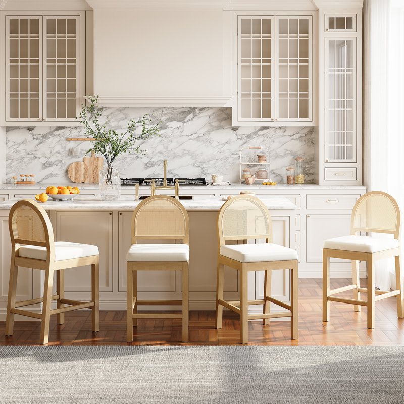 Wooden Bar Stools Set Of 4 With Natural Rattan Back, White/Velvet