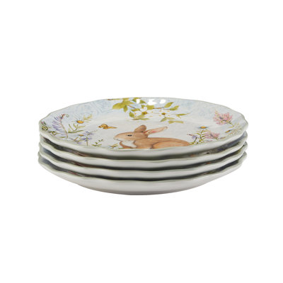 Easter Meadow Set of 4 Dessert Plates – 9″ Plates with Charming Bunny & Wildflower Illustrations – Perfect for Springtime Celebrations, Afternoon Tea