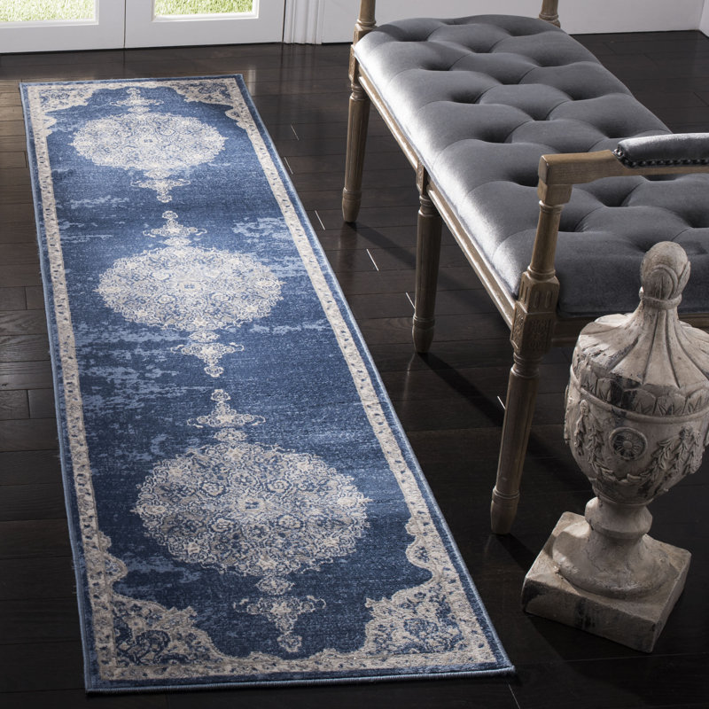 Tapis bleu marine / gris clair Barcus, Tapis de couloir 2 pi x 12 pi