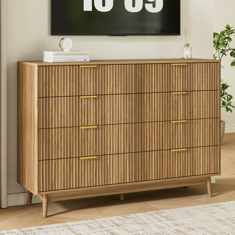 Fluted 8-Drawer Double Dresser For Bedroom, Curved Profile Design, Wood Drawer Organizer For Living Room, Hallway, Nursery, Hallway Closet