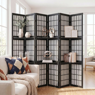 6-Panel Japanese Style Room Divider with Shelves – Black Color