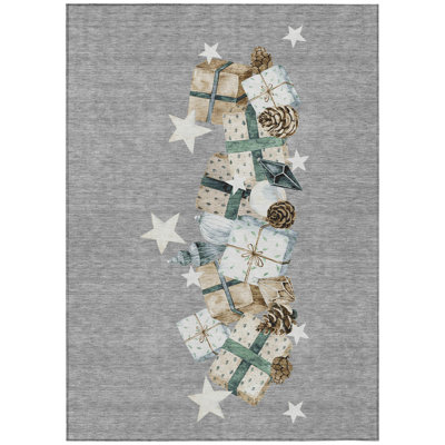 Machine Washable Indoor/Outdoor Christmas Presents Xhevrie Gray Rug