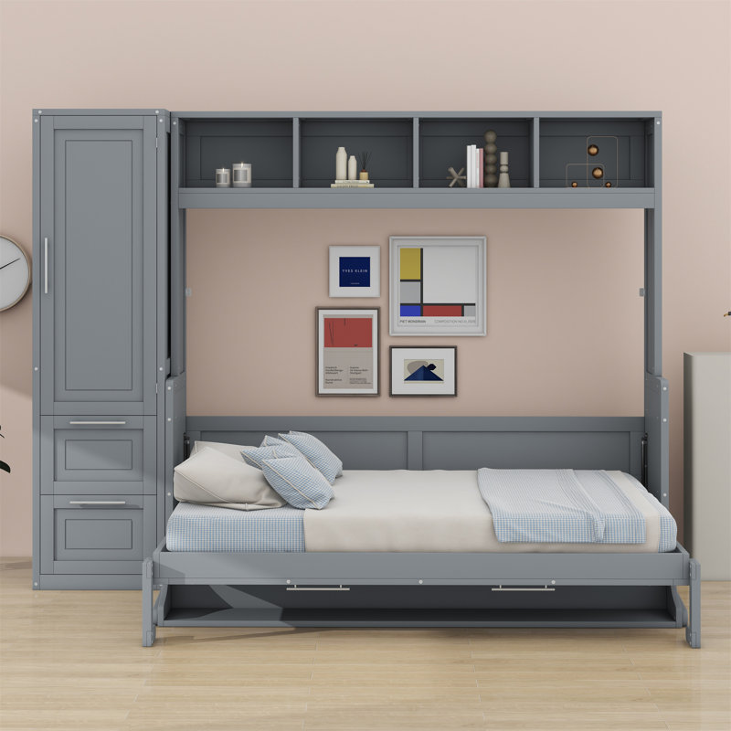 Lit escamotable Murphy avec placard et tiroirs, Gris