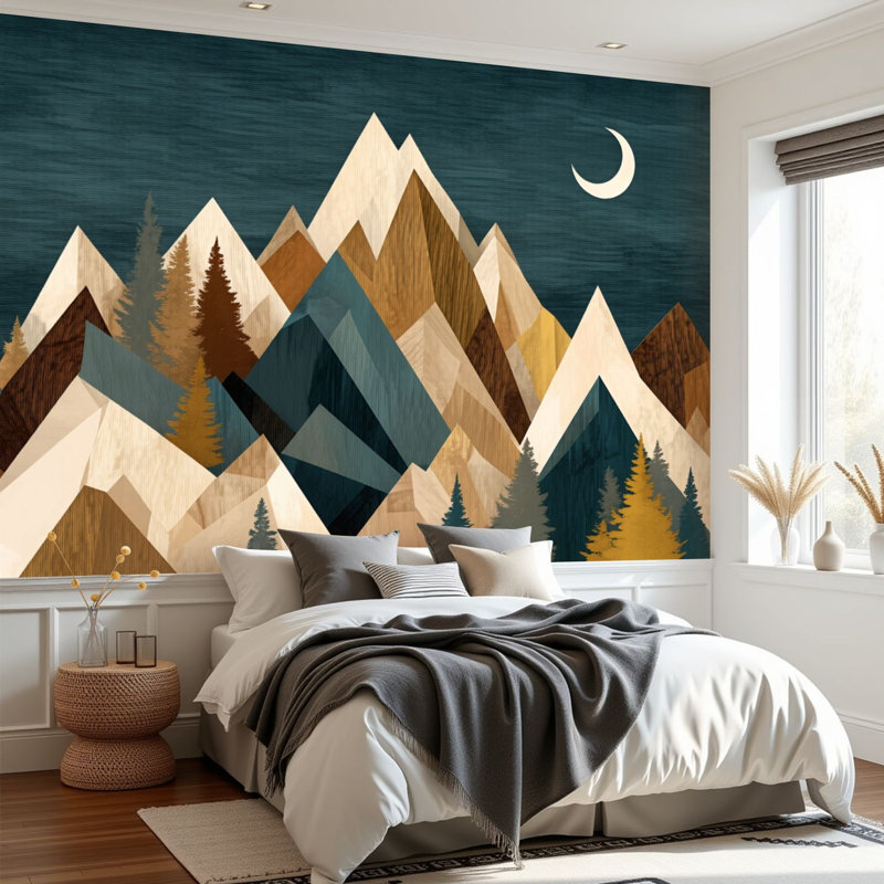 Papier peint adhésif peler et coller Mountain Nature Forest Rustic Farmhouse Moon Peaks Layered Layered, L 96 po x l 69 po