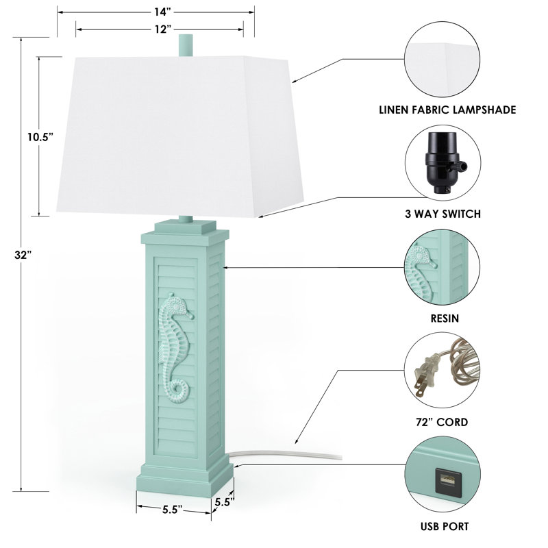 Sea Horse Shutter 32” Coastal Lamp with USB, Teal