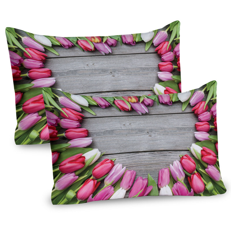 Pink Green Umber Tulip Frame Microfiber Pillow Shams, 2 Pack