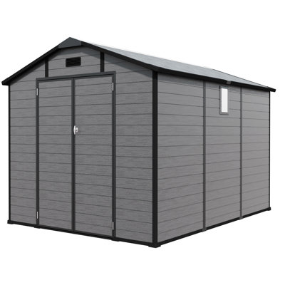 8X10 Ft Plastic Outdoor Storage Shed, Lockable Resin Design In Dark Gray, With Skylight And Air Vents, Good For Workshop, Lawn Mowers, Patio Furniture, Simple Assembly Spacious Gray Shed Double