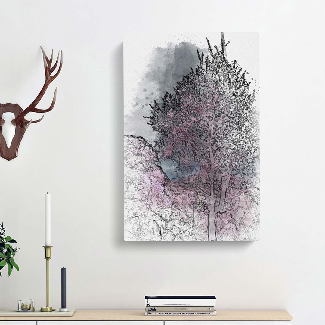 Pink Trees in Malaga Spain in Abstract - Wrapped Canvas Drawing - Wrapped Canvas