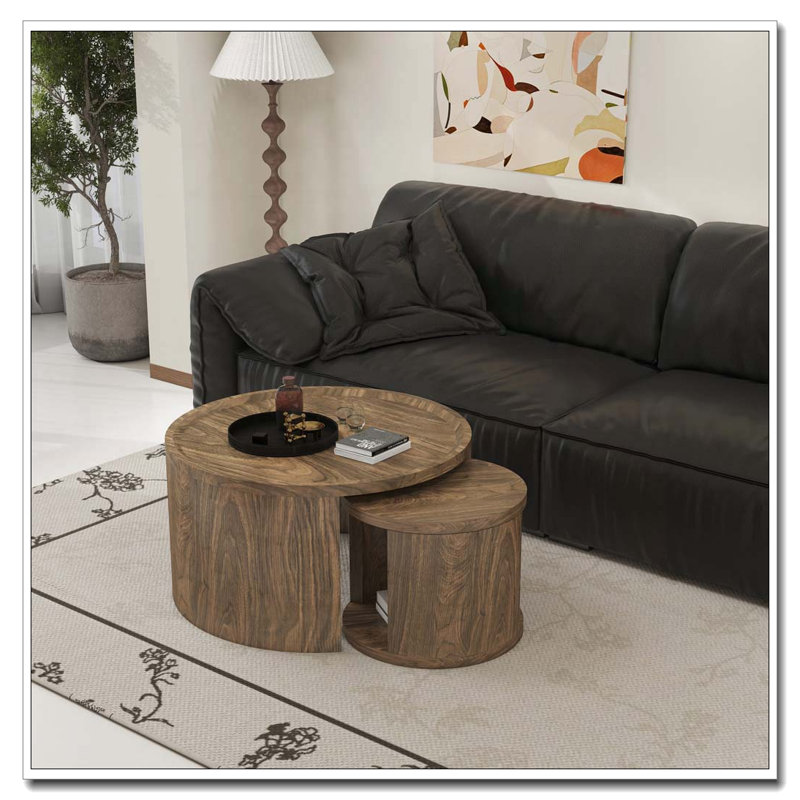 Round Nesting Coffee Table Set, Natural Wood-1