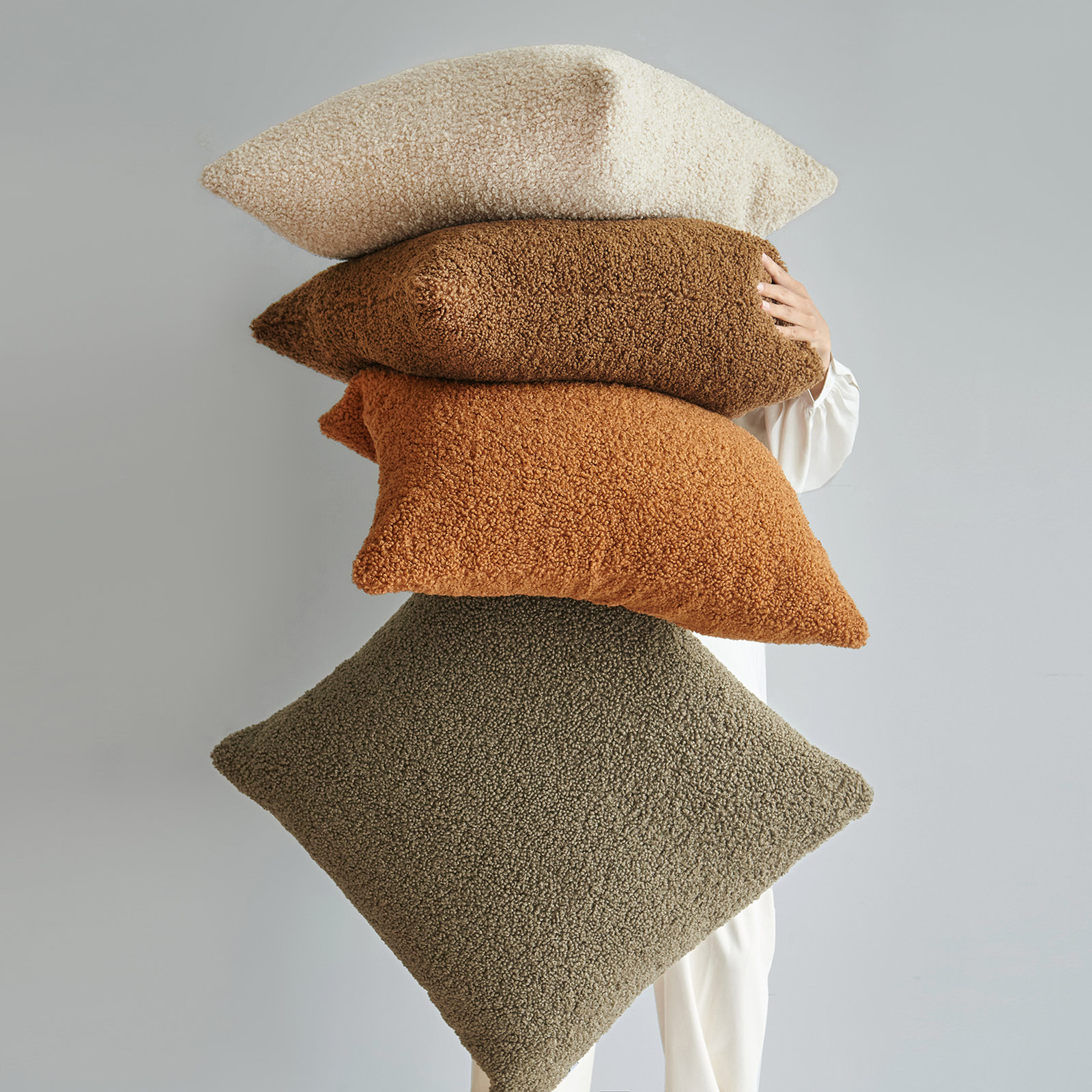 Teddy Soft Plush Textured Boucle Cozy Fluffy Classic Chic Modern Rustic Decorative Pillow, Cream, 18"H x 18"W