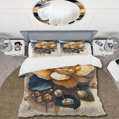 Yellow And Dark Blue Camellia Flower I - Floral Camellia Duvet Cover Set - Microfiber Polyester