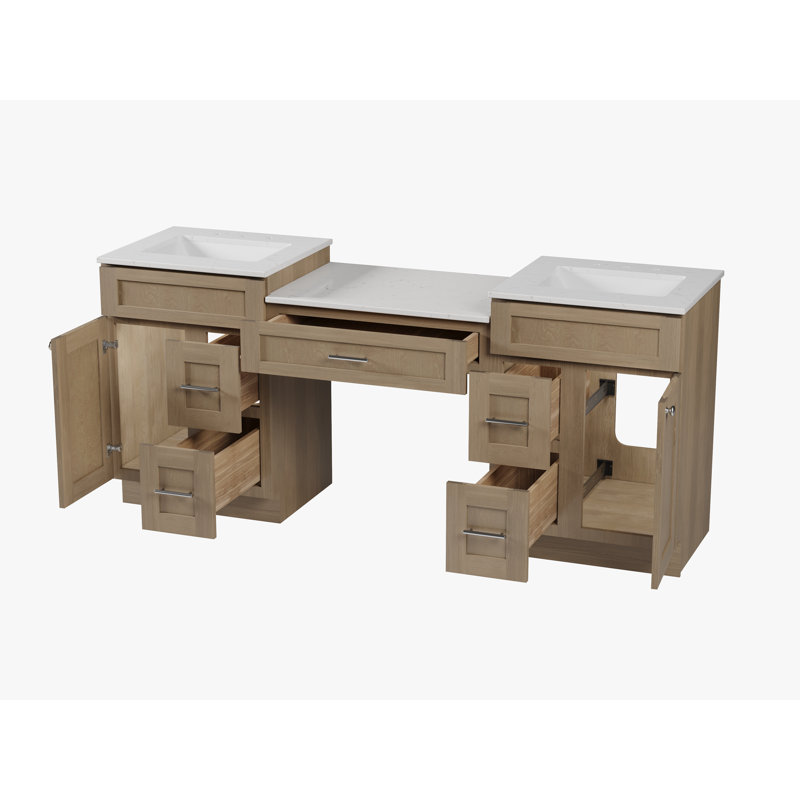 78'' Double Bathroom Vanity With Carrara Quartz Top, Natural Oak