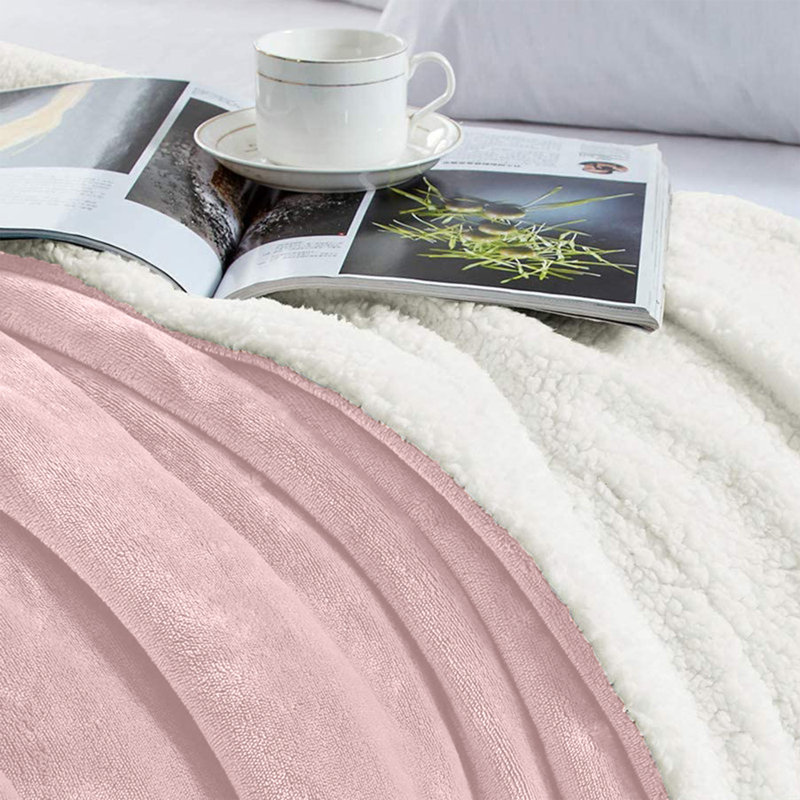 Super Soft Sherpa Fleece Fur Thick Dual Sided Flannel Reversible Blanket Throw, Pink, King 200cm x 240cm