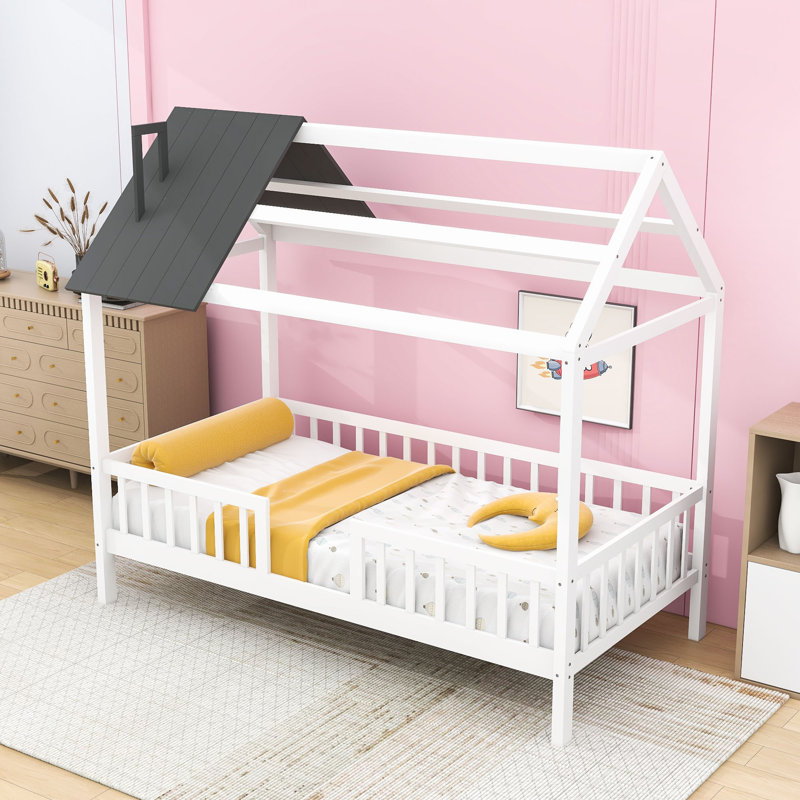 Twin Wooden House-Shaped Bed With Roof, Chimney And Fence, White Gray