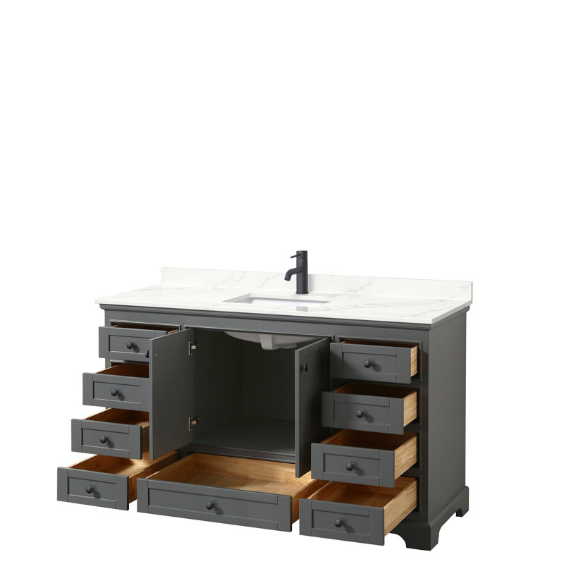 Ensemble de meuble-lavabo simple 60 po Deborah, Quartz Giotto, Gris foncé, Noir mat