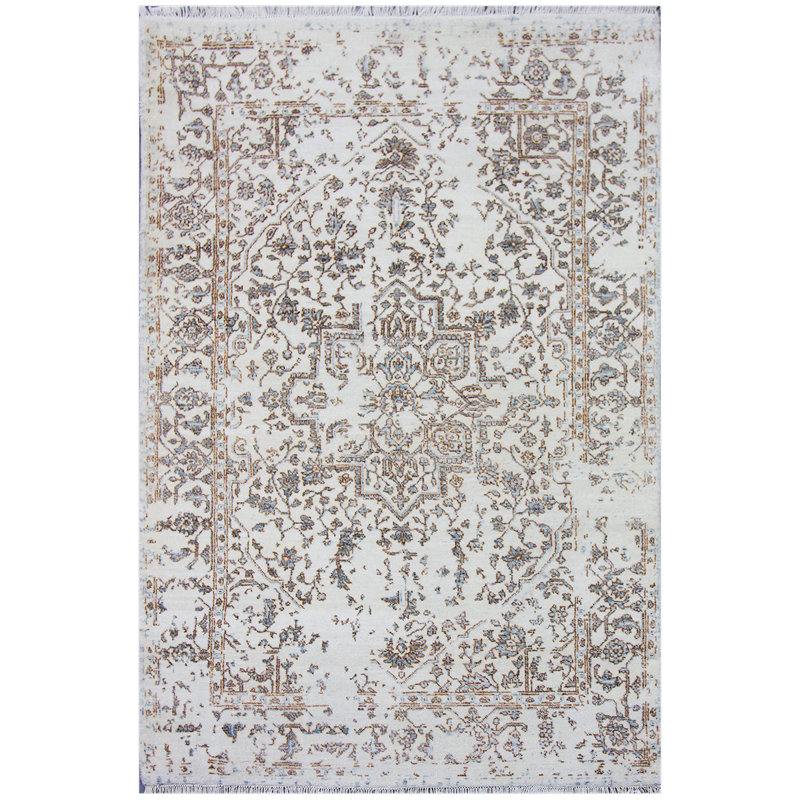Tapis ivoire / caramel / bleu clair noué à la main de haute qualité, Rectangle 6 pi x 9 pi