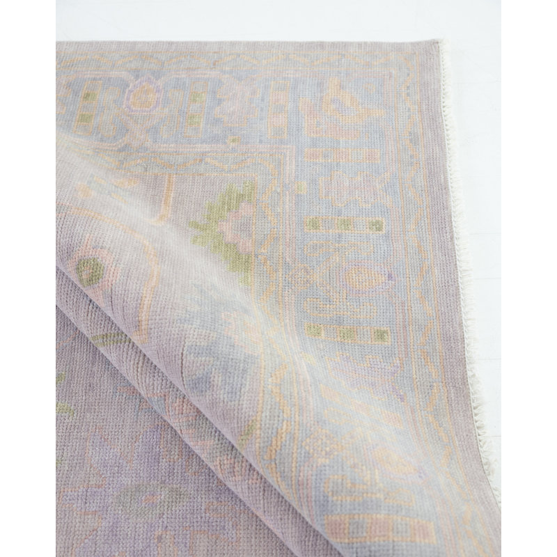 Rose Hand Knotted Wool Block Print Area Rug, Rectangle 10' x 14'
