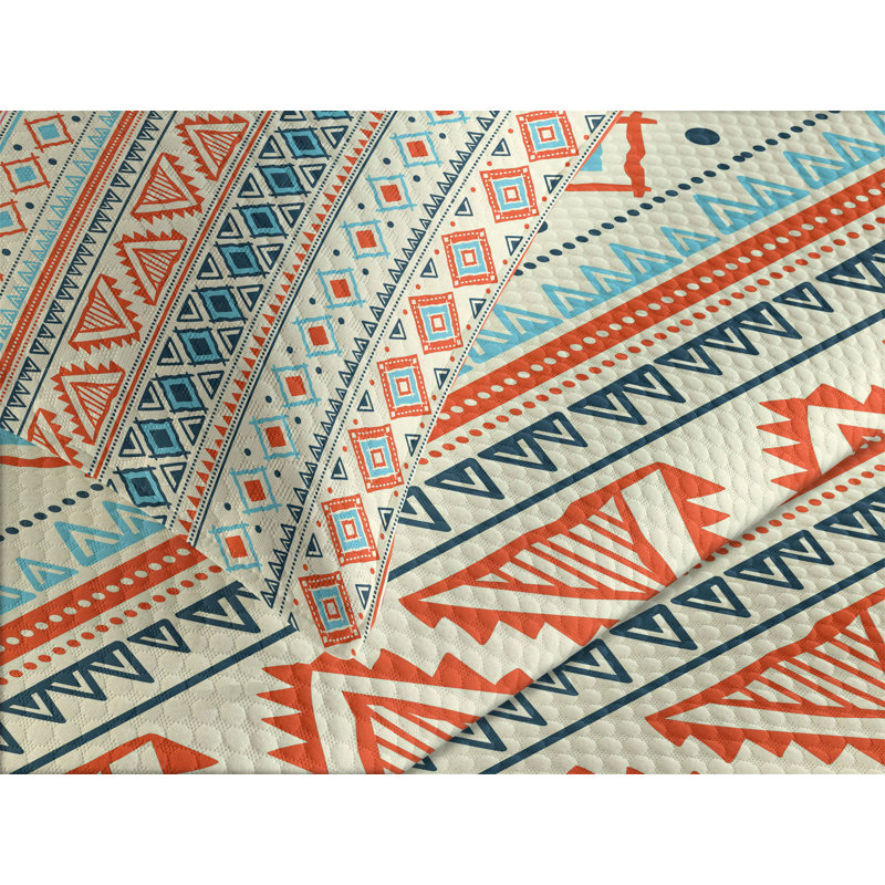 Blue Queen Size Polyester Bedspread Set with Aztec Pattern