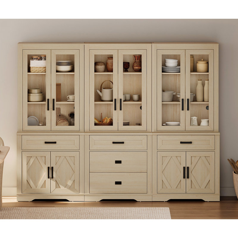 3 Column Bookcase With Drawer,73.3" Tall Floor Standing Bookshelf,Modern Farmhouse Display Storage Cabinet With Adjustable Shelves,Beige