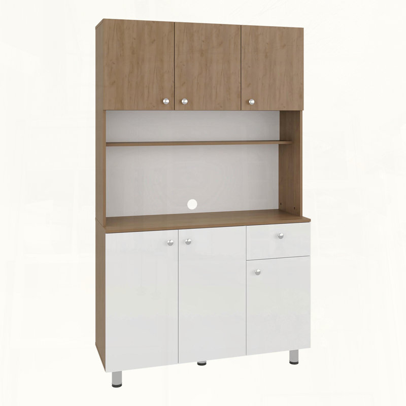 Armoire de rangement à six portes en chêne blanc et naturel avec tablette à micro-ondes, White/Natural