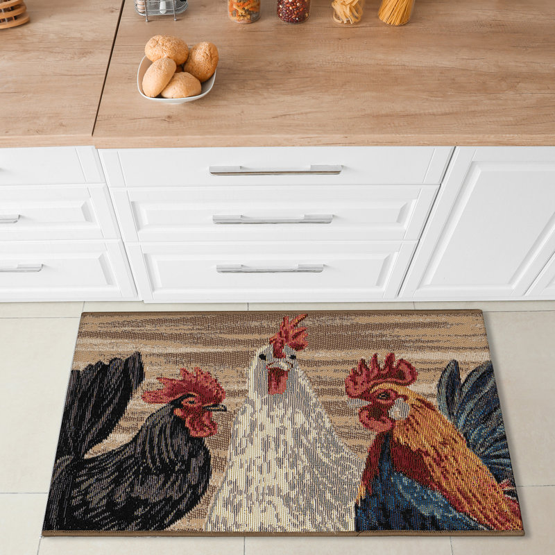 Three Roosters Polyester Non-Skid Kitchen Mat, Rectangle 2' x 2'10"