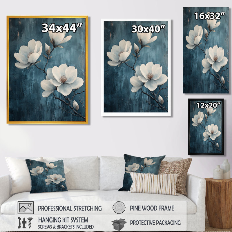 Behan Magnolia Blooms In Saffire Winter Impressionist II - Magnolias, impression sur toile, Impression encadrée flottante