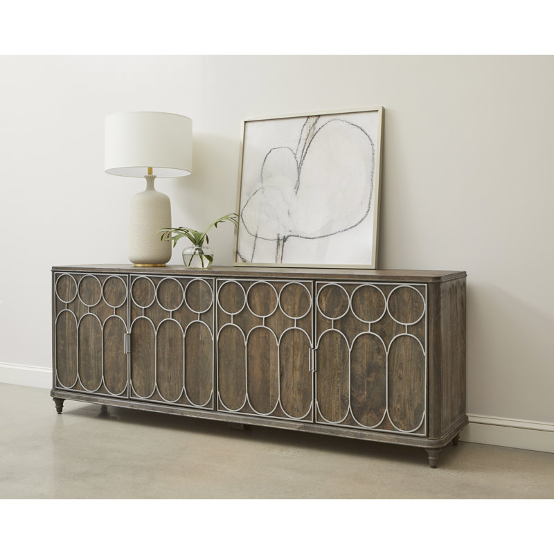 Rich Brown Mango Wood 4-Door Console with Metal Grill