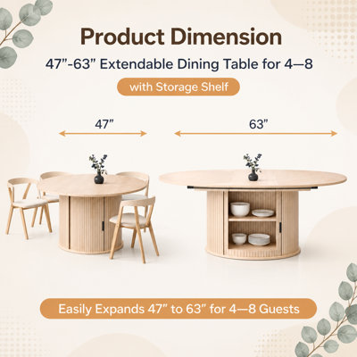 Table de salle à manger extensible de 47 à 63 po pour 4 à 8 personnes, table de salle à manger moderne à abattants avec base de rangement cachée, table de cuisine à piédestal en bois pour petits espaces, salle à manger, chêne naturel