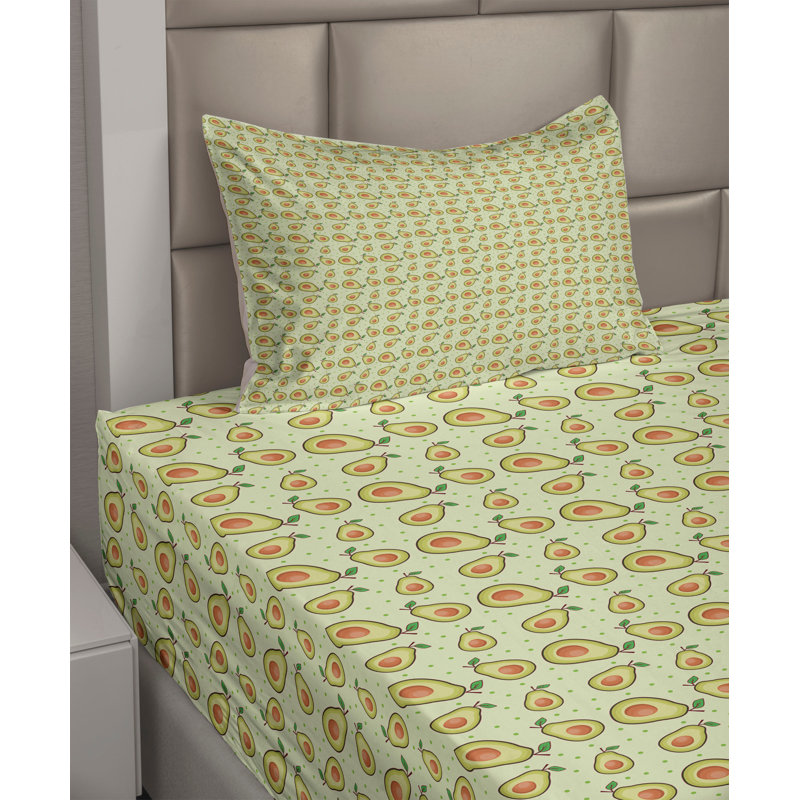 Ambesonne Tropical Sheet Set Avocado Fruits with Dots Orange and Lime Green