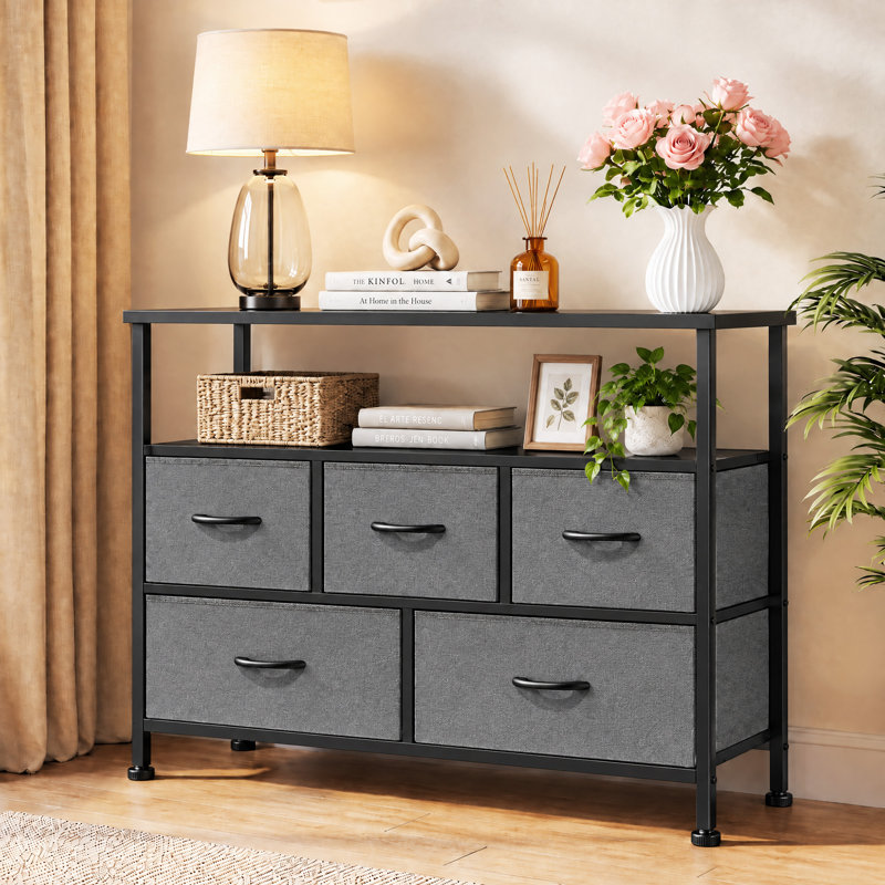 Commode à 5 tiroirs avec tablette ouverte, meuble télé en bois et métal, Gris