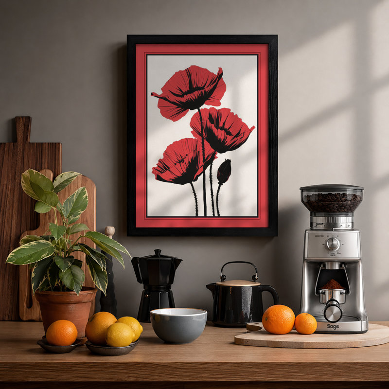 Red Poppies Botanical - Framed Print, Black, A3 - 42.0 x 29.7 cm