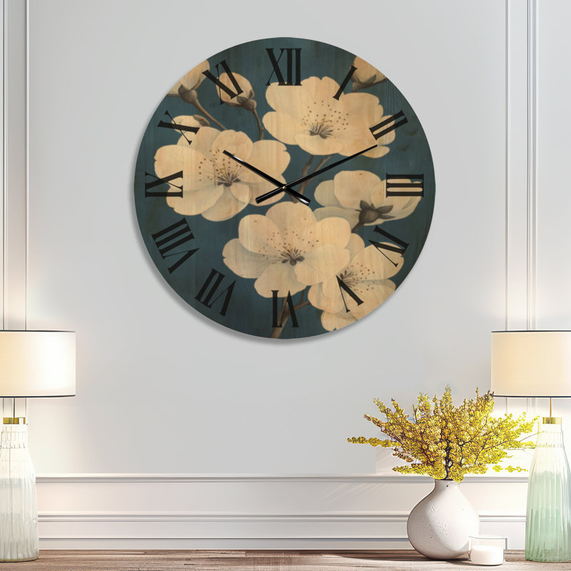 Horloge murale décorative Indigo Spring Bloom - Fleurs de cerisier, imprimée sur bois, Medium