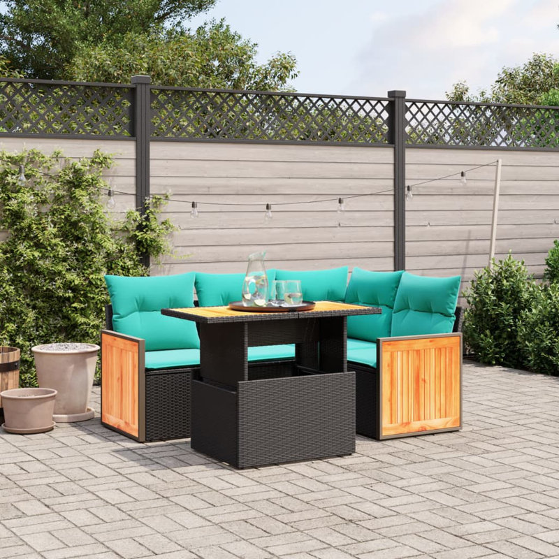  5 Piece Patio Sofa Set With Cushions Poly Rattan, Black, Green