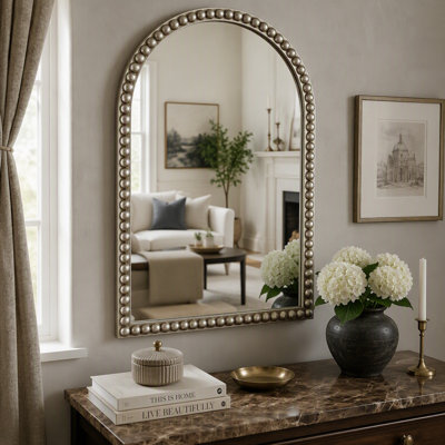 20x30 Inch Beaded Arched Wall Mirror, Luxury Pearl Trim Decorative Mirror, Elegant Arch Framed Accent Mirror for Bathroom Bedroom Entryway Living Room